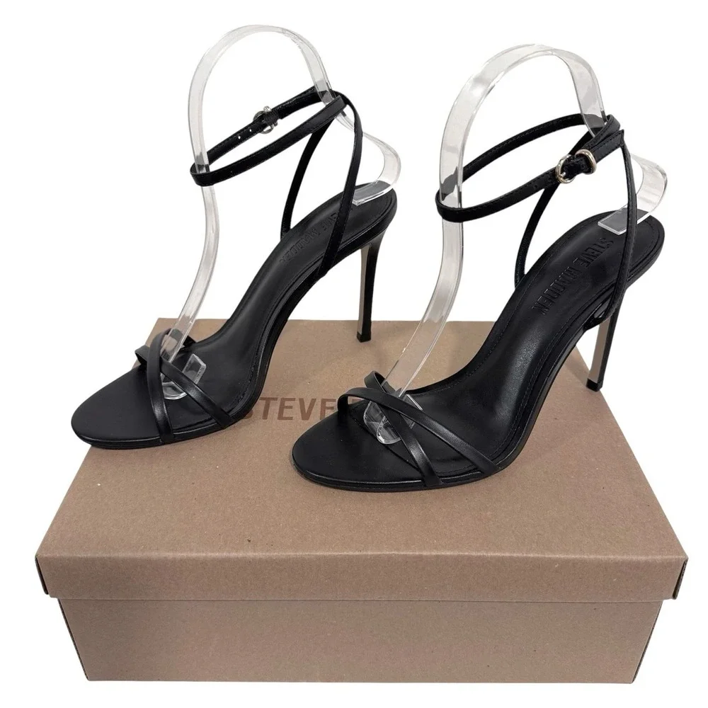 Steve Madden Jypsey Womens Open Toe Heels 7.5 Stiletto Ankle Strap Black Leather